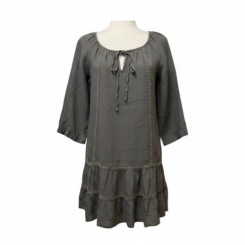 Women XS Dress 100% Linen Boho Tiered Ruffle Boho Peasant Prairie Breathable